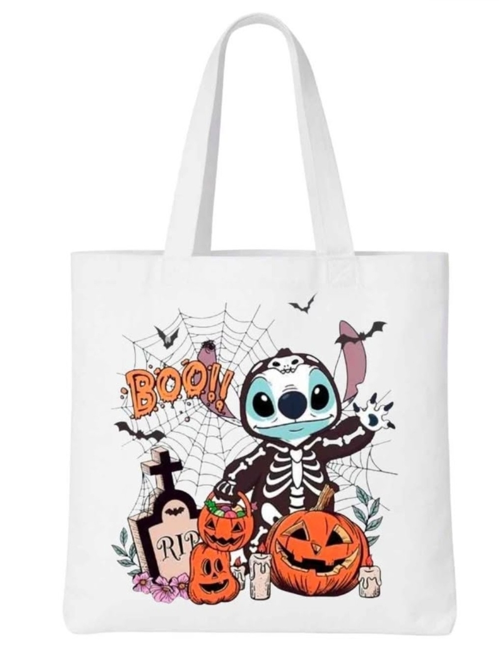 Halloween Stitch Pumpkin Tote Bag - White Tote Bag